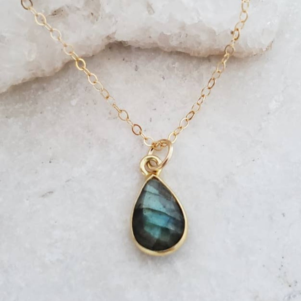 Gold Teardrop Labradorite Necklace