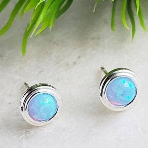 Silver Fire Opal Bezel Studs - Azure Blue