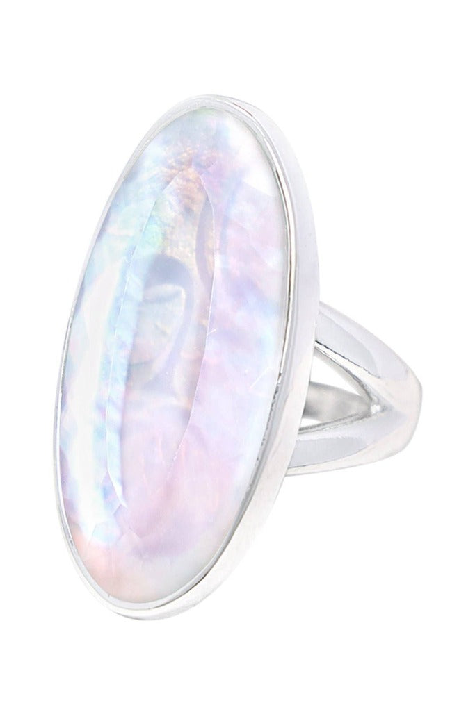 Mother Of Pearl Quartz Doublet Oval Cabochon Ring