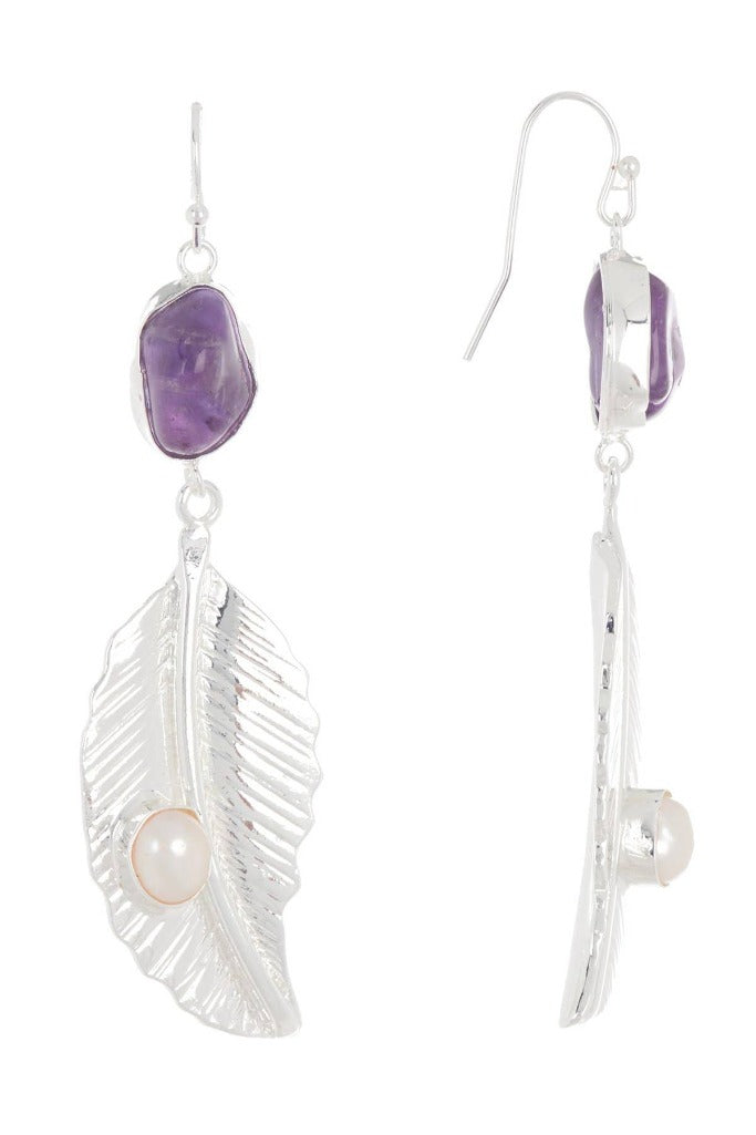 Amethyst & Pearl Feather Drop Earrings