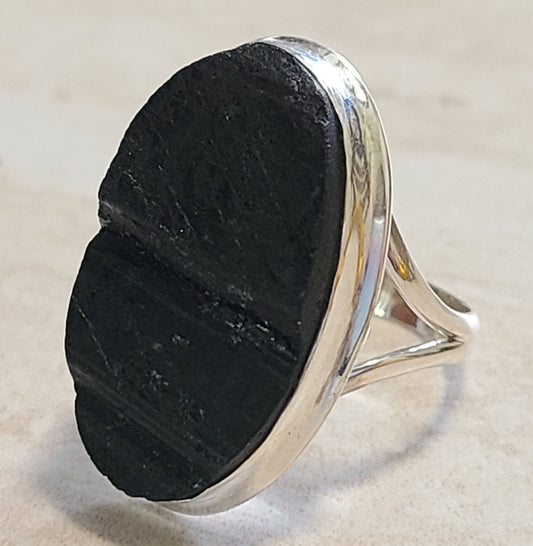 Large Black Tourmaline Silver Ring