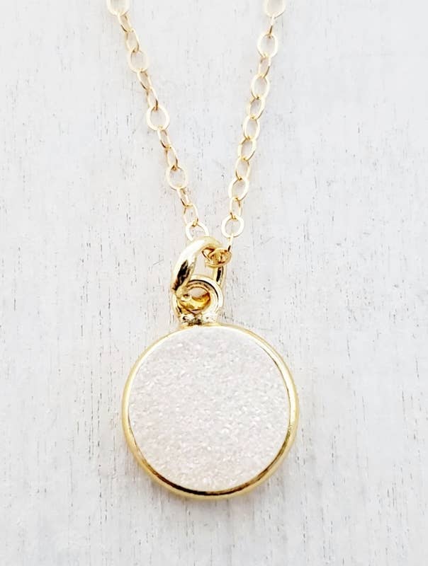 Gold Round Bezel Druzy Necklace - Rainbow White